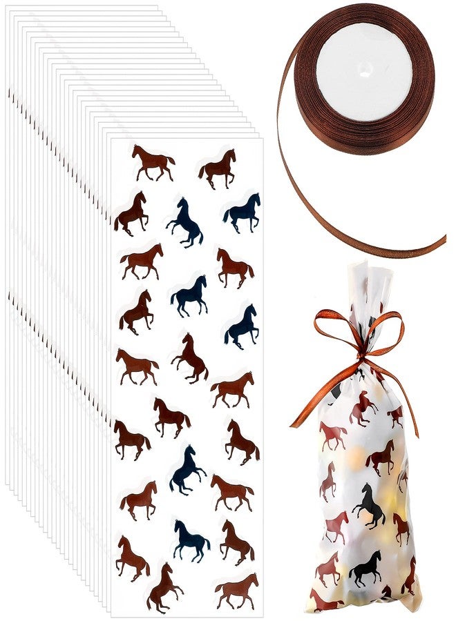 Tenare 100 Pieces Cowboy Goodie Bags Western Racing Horse Cellophane Bags Cowboy Cowgirl Party Favors with a Roll of Brown Ribbon for Candy Chocolate Snacks Cookies Themed Party Supplies - Image 1